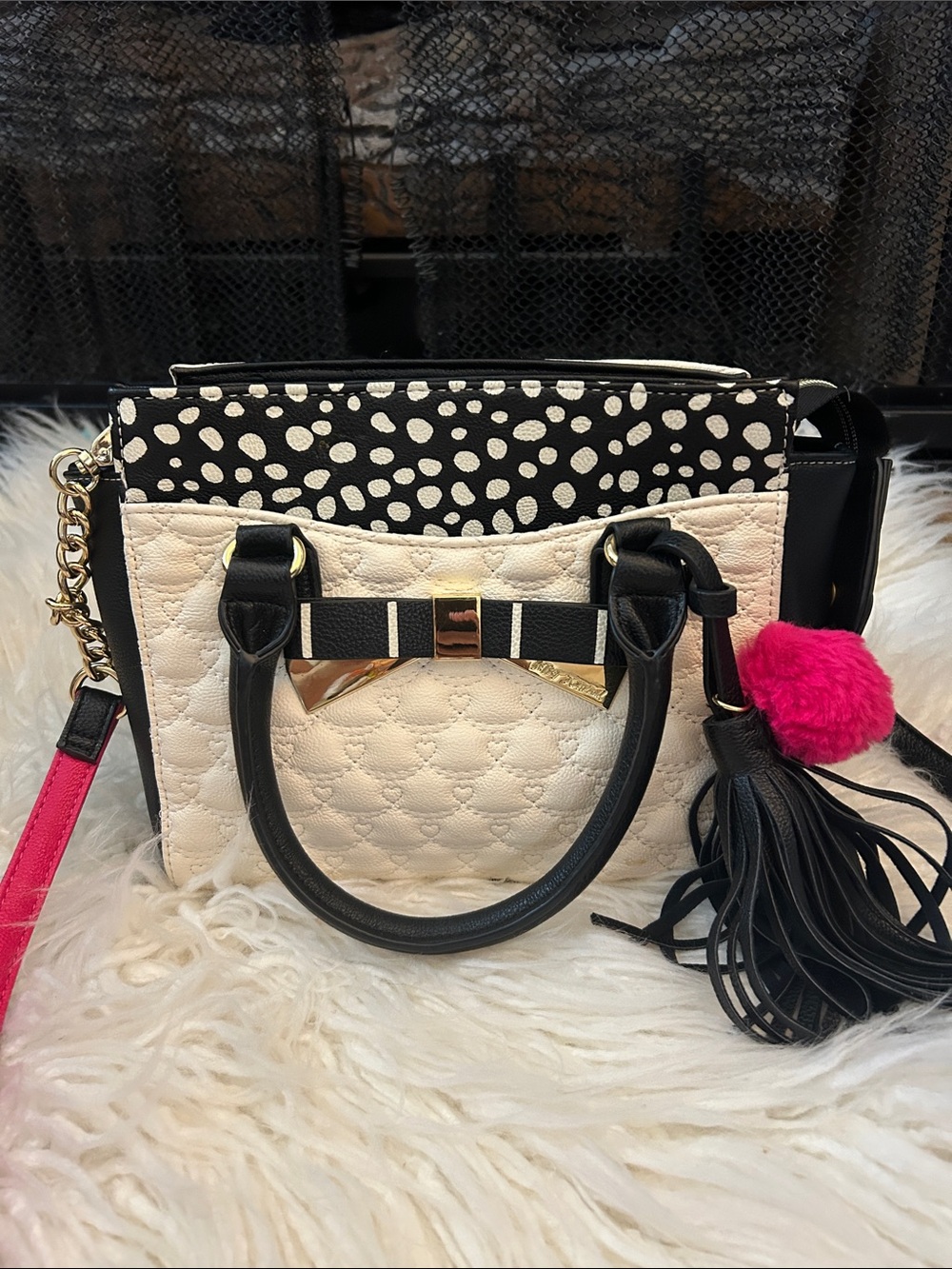 Betsey johnson Quilted Cream and Black Bow Accent Satchel with Pink Pom Charm